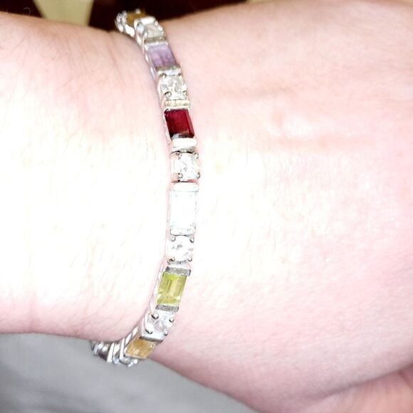 Sterling silver 7" multicolored stone tennis brace - Picture 2 of 6
